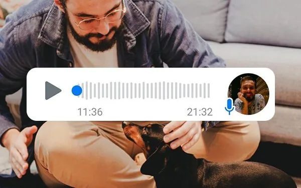 Áudio de WhatsApp com o relato de um atendimento de comunicação intuitiva animal, sobreposto a uma foto de Luan Lovato com sua cachorra