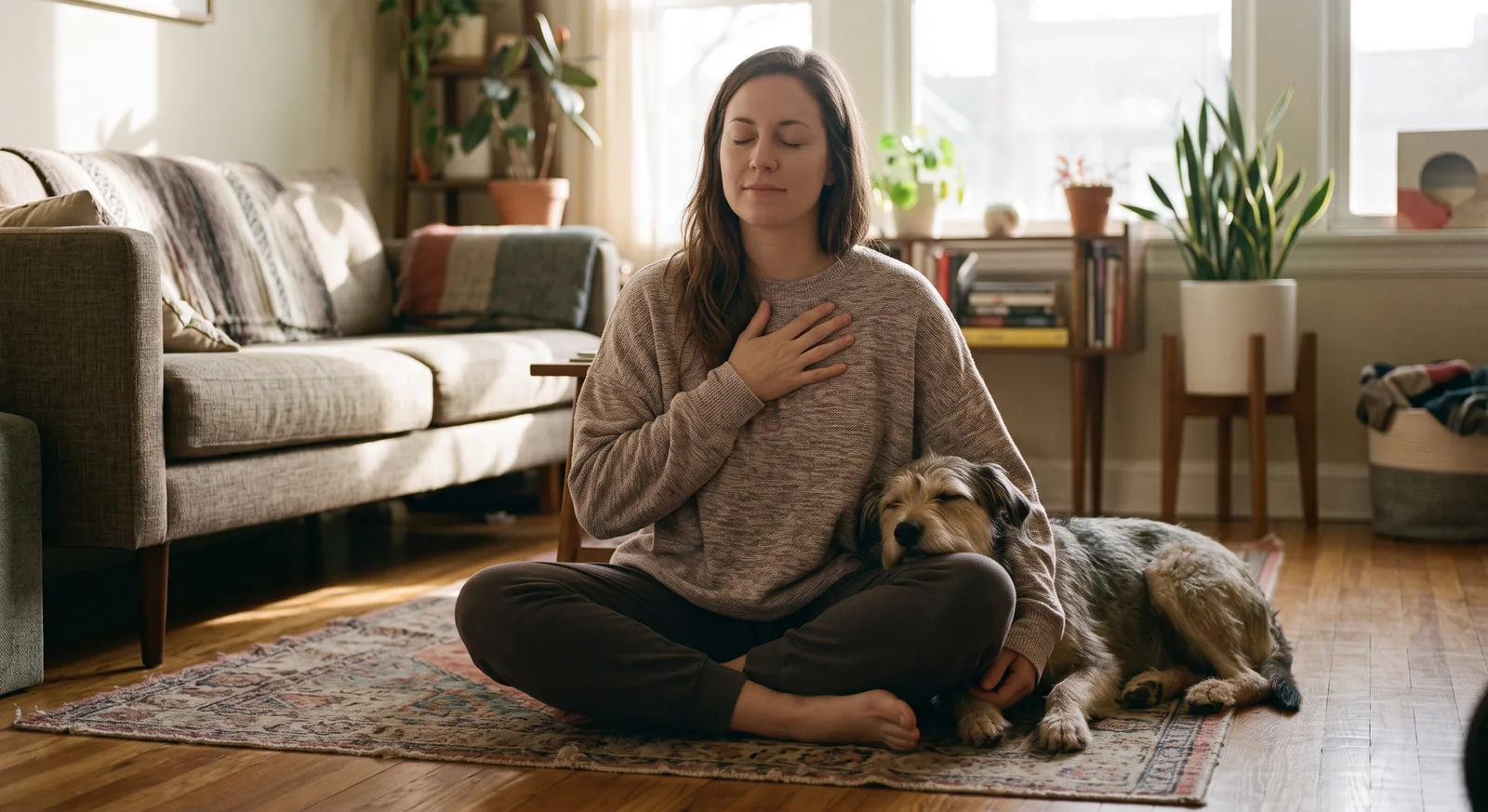 Tutora sentada com o cão no colo, os dois em silêncio, representando a conexão energética entre os dois