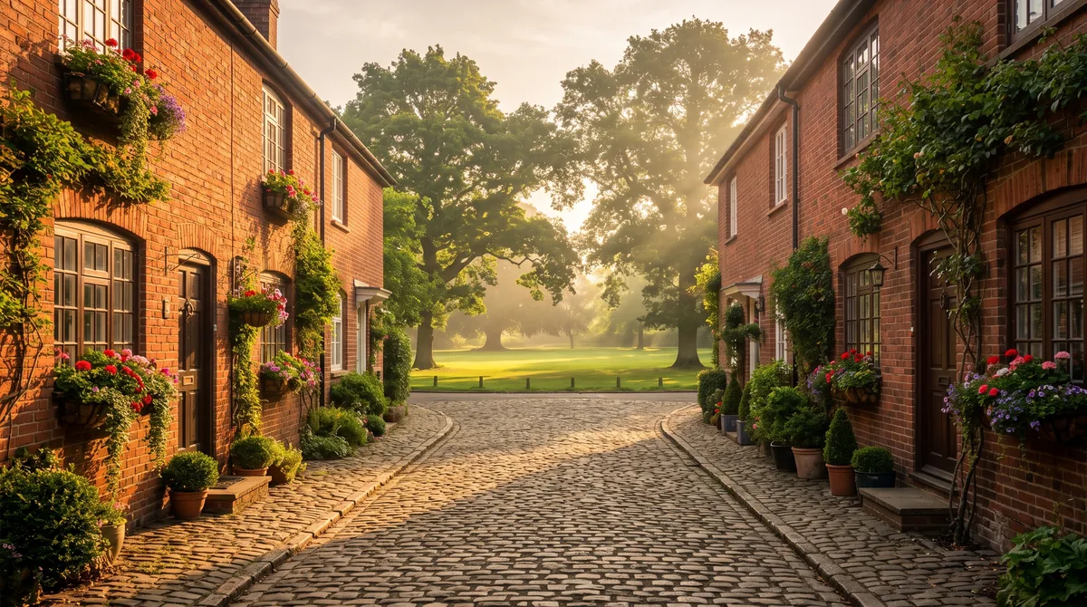 Rua de paralelepípedo com casas de tijolo e um gramado ao fundo, semelhante ao lugar que a Amora mostrou