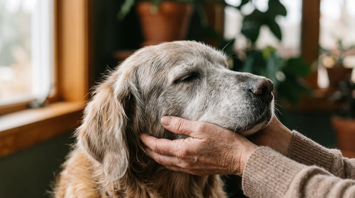 Mãos segurando com carinho o rosto de um cão idoso de olhos fechados